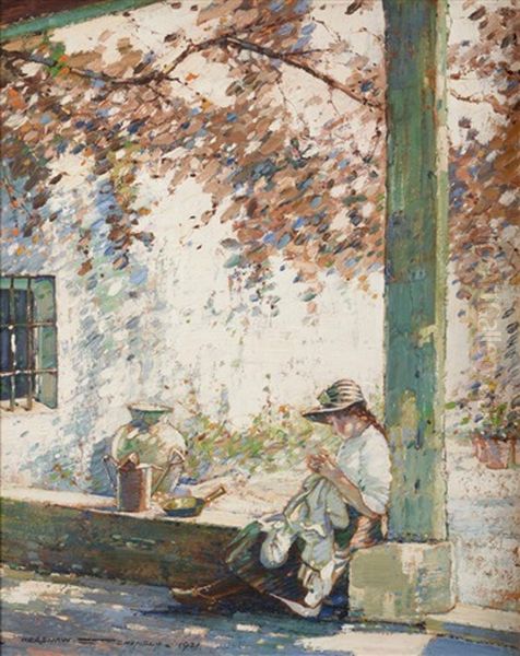 Little Girl Sitting Against A Pillar In Dappled Sunlight - view 1