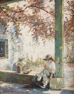 Little Girl Sitting Against A Pillar In Dappled Sunlight by Kershaw Schofield