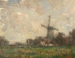 Figures Tending Fields Before A Windmill