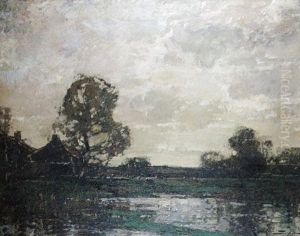 Landscape With A Figure And Cattle In A Water Meadow, A Farm Nearby by Kershaw Schofield