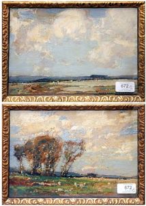Sheep Grazing Beside Trees, Hills In The Distance And Open Landscape With Sheep Grazing (pair) by Kershaw Schofield