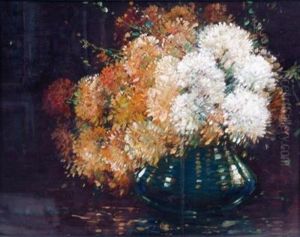 Still Life With Chrysanthemums In A Clear Glass Bowl by Kershaw Schofield