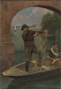 Kahn Mit Netzauswerfendem Fischer by Otto Scholderer