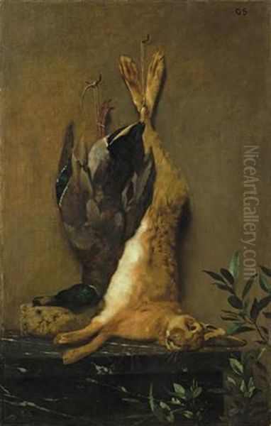 Jagdstilleben Mit Aufgehangtem Hasen Und Einer Ente (pair) - view 1