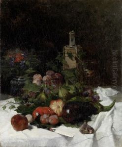Stillleben Mit Fruchten, Weinflasche Und Blumen In Einer Vase