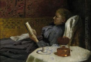 Bildnis Der Ehefrau Luise Scholderer, Lesend Auf Der Ottomane by Otto Scholderer