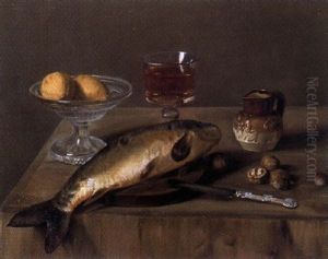 Stilleben Mit Zitronen Auf Einer Glasschale, Fisch, Walnussen Und Weinglas by Otto Scholderer