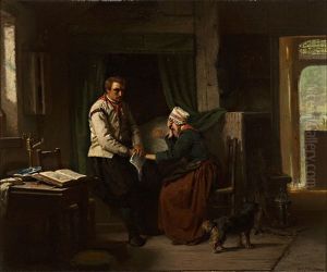 Eine Fischersfrau Erhalt Eine Traurige Nachricht. Interieur Mit Alkoven Und Tisch Mit Aufgeschlagenem Foliant; Offene Tur Mit Durchblick Auf Das Meer Eine Fischersfrau Erhalt Eine Traurige Nachricht. Interieur Mit Alkoven Und Tisch Mit Aufgeschlagenem Foliant; Offene Tur Mit Durchblick Auf Das Meer