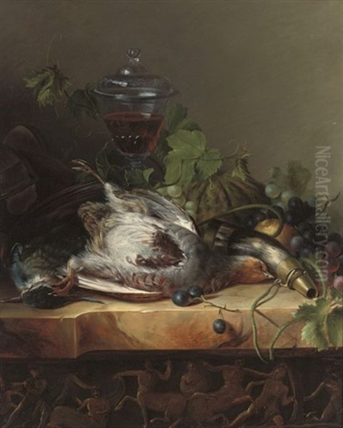 Dead Game, Grapes, Melon And A Glass Of Wine On A Carved Stone Ledge - view 1
