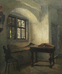Klosterzimmer Mit Stuhl Und Holztisch, An Der Wand Eine Heiligenstatue by Julius Scholtz