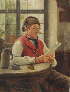 Bespecaled Man Reading A Newspaper In An Interior by Max Scholz