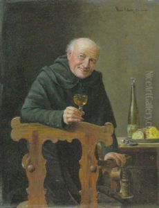 Monch Bei Der Brotzeit Am Tisch, Genieserisch Ein Glas Wein In Der Rechten Hand Haltend