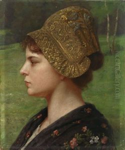 Goldhaubchen. Portrait Einer Jungen Frau Im Profil Von Links Mit Bestickter Haube