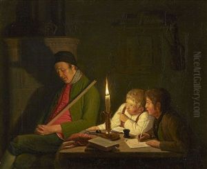 Kvallsinterior Med Sovande Man Och Tva Pojkar Vid Ett Bord. by Friedrich Wilhelm Schon