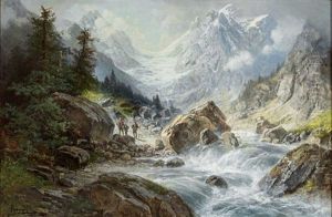 Hochgebirgslandschaft Mit Gletscher Und Reisendem Wildbach. Bergsteiger Auf Dem Weg