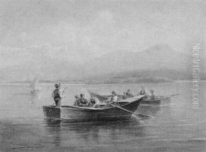Ruderboote Mit Ausfluglern Auf Einem Alpensee Ruderboote Mit Ausfluglern Auf Einem Alpensee