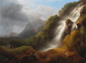Waterfall In A Vast Italian Landscape With Shepherds by Lorenz Adolf Schoenberger