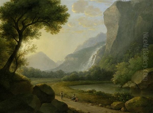 Italienische Gebirgslandschaft Mit Flus Bei Sonnenaufgang (+ Vollmond Uber Einer Italienischen Kustenlandschaft; 2 Works) - view 1