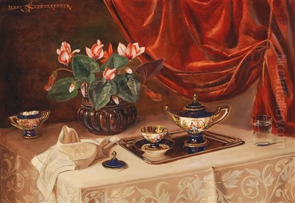 Large Decorative Still Life With Cyclamen And Decorative Objects - view 1