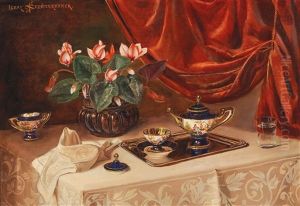 Large Decorative Still Life With Cyclamen And Decorative Objects by Ignaz Schoenbrunner the Elder
