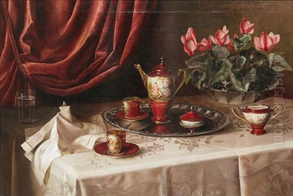 Still Life With Porcelain Tea Service, Napkin And Flowers In A Dish On A Table - view 1