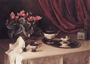 Stilleben Mit Alpenveilchen, Kaffeeservice Und Silberner Zuckerdose Auf Damastdecke by Ignaz Schoenbrunner the Elder