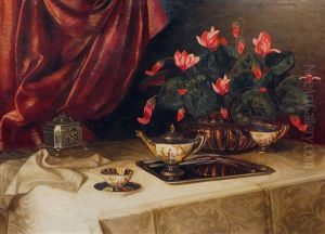 A Still Life With A Tea Set And Cyclamen