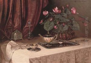 Cyclamen In A Copper Urn, A Tea Service On A Silver Tray, A Silver Box And A Decanter On A Draped Table