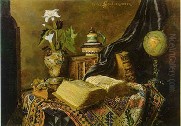 Still Life With Persian Rug, Globe, Pottery, Books And Lilies On A Table - view 1