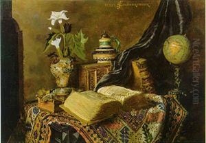 Still Life With Persian Rug, Globe, Pottery, Books And Lilies On A Table