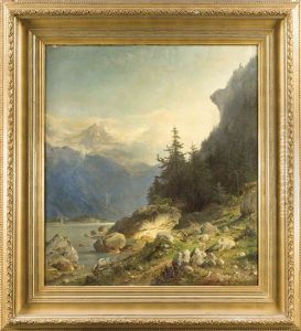 Alpine Landschaft Mit Figurenstaffage Am Felsigen Ufer Eines Bergsees U. Gebirgsmassiv Im Hintergrund