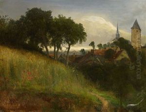 Blick Auf Ein Kirchdorf (erkrath Bei Dusseldorf?) by Eduard Schonfeld