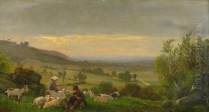 Weite Landschaft Im Abendlicht. Im Vordergrund Ziegenhirten by Eduard Schonfeld