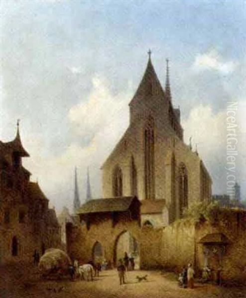 Figures Before A Gothic Church - view 1