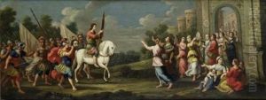 L'entree Triomphale De David A Jerusalem Apres Sa Victoire Contre Goliath by Johann Heinrich Schoenfeldt