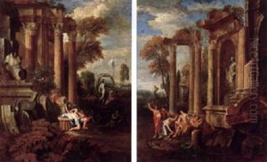 Italianate Landscape With Figures Amongst Classical Ruins by Johann Heinrich Schoenfeldt