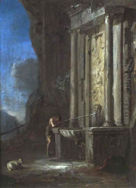 Jeune Berger Se Desalterant A Une Fontaine Antique - view 1