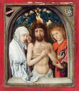 Schule Christus Als Schmerzensmann Zwischen Maria Und Johannes Mit Engeln, An Den Oberen Bildrandern Je Ein Wappen