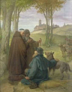 Zwei Monche Im Gesprach Mit Einem Hirten by Karl Schoenherr