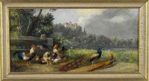 Federvieh Und Pfauenpaar Am See Mit Blick Auf Ein Schloss by Alfred Schoenian
