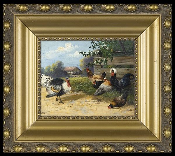 In The Backyard - Turkey, Rooster And Hens - view 1