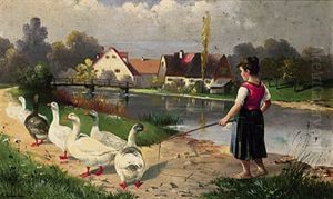 Die Ganseliesel Mit Ihrer Schar Am Teich; Im Hintergrund Gehoft Im Sonnigen Licht by Alfred Schoenian