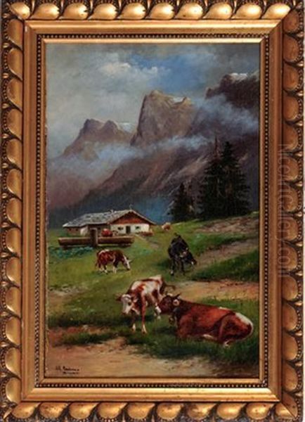 Weidende Kuhe Vor Bergmassiv - view 1