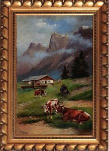 Weidende Kuhe Vor Bergmassiv by Alfred Schoenian