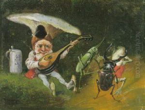 Ein Zwerg, Der Mandoline Spielt, Hirschkafer, Heuschrecke Und Frosch Tanzen Zu Seiner Musik