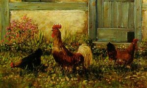 Chickens By A Barn by Alfred Schoenian