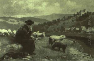 Rastender Schafer Mit Seiner Herde Am Bach by Alfred Schoenian