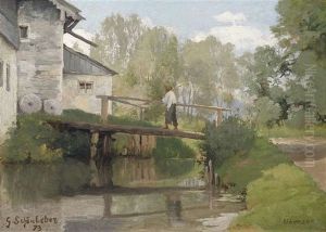 Sommerliche Landschaft Mit Einem Schnitter Auf Einer Brucke Sommerliche Landschaft Mit Einem Schnitter Auf Einer Brucke