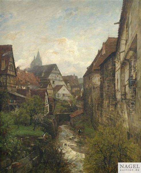Partie In Der Esslinger Altstadt Am Stadtgraben Mit Den Beiden Turmen Der Stadtkirche Im Hintergrund - view 1