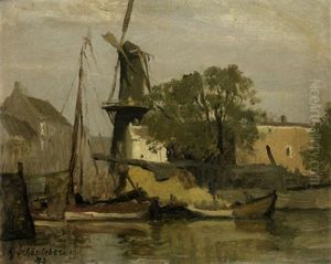 Niederlandischer Binnenhafen Mit Einer Muhle by Gustav Schoenleber